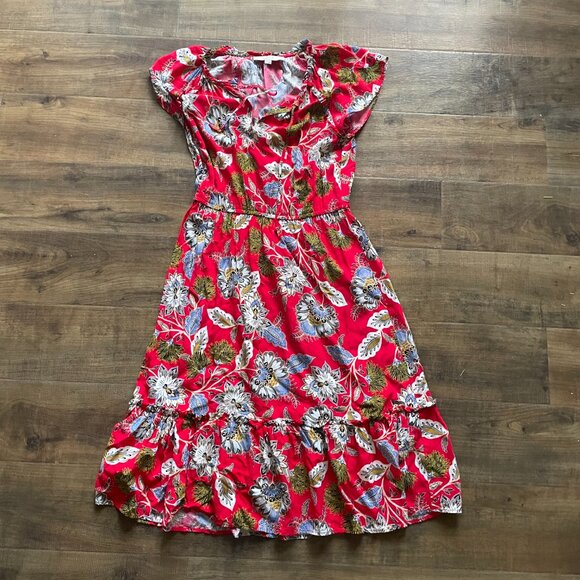 LOFT Red Floral Midi Dress Size Small | Ruffle Sleeve Boho Fit & Flare - Picture 2 of 10